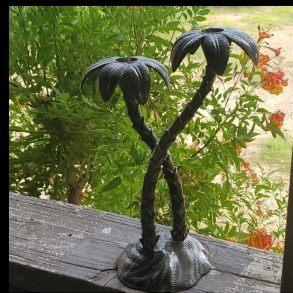 Vintage Godinger Silver Plate Candle Holder Twin Palm Trees